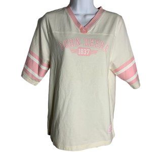 John Deere Jersey Style T Shirt M White Pink Short Sleeve V Neck Tractors